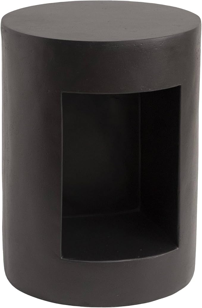 LeisureMod 14” Wide Black Round Side Table in Fiberstone with Open Storage, Painted Finish, for Indoor Outdoor Use, Modern Living Room, Bedroom, Patio, Garden