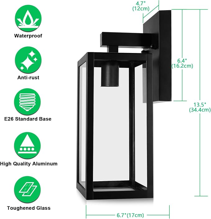 MAXvolador Outdoor Wall Sconce, Large Exterior Waterproof Wall Lantern Light Fixture, Black Porch Lights Glass, Anti-Rust E26 Patio Lighting, 2 Pack | Large Black Porch Wall Lights, Anti-Rust, E26 Socket, Clear Glass Outside Wall Mount Sconces, Front D...
