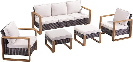 Rilyson Outdoor Wicker Patio Furniture Set - 5 Piece Patio Conversation Set with 2 Wicker Armrest Chairs,2 Rattan Ottoman and 1 Couch,Sturdy Frame,Thick Cushions,Deep Seating(Brown/Beige)