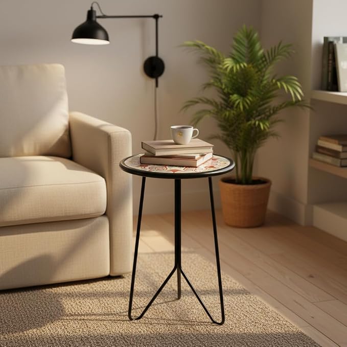 LIFFY Outdoor Metal Side Table,12" Small Outdoor Accent Table with Glass Top,Indoor Round Home Decorative End Table,Weather Resistant Patio Plant Stands Outside for Garden Bedroom Kitchen Balcony