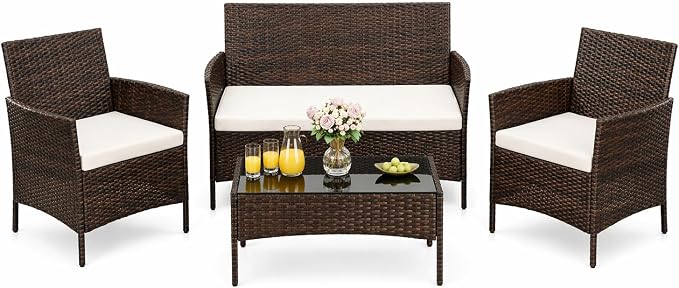 4-Piece Outdoor Patio Furniture Set,Wicker Furniture with Coffee Table, Modern Porch Chairs Conversation Set, Weather-Resistant, Outdoor Indoor Use Backyard Porch Garden Poolside Balcony,Brown&Beige