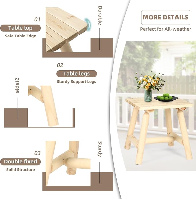 Outdoor Adirondack Log Side Table, 19.5" Thick Wooden Patio Square End Table with Slatted Tabletop, Solid Wood Rustic Accent Table for Indoor & Garden Deck Porch Balcony Backyard, Natural