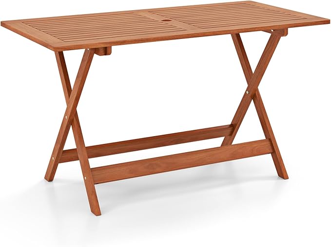 Tangkula 54.5-Inch Patio Dining Table for 6, Solid Wood Outdoor Table with Teak Painting & 2" Umbrella Hole, 6-Person Rectangular Outside Dining Table for Balcony, Deck, Porch, Backyard