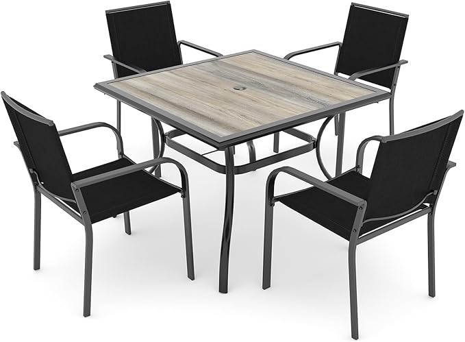 Anmutig 5-Piece Outdoor Patio Dining Set 37 Inch Square Wooden-Like PVC Table with 4 Stackable Chairs for Garden Backyard Black