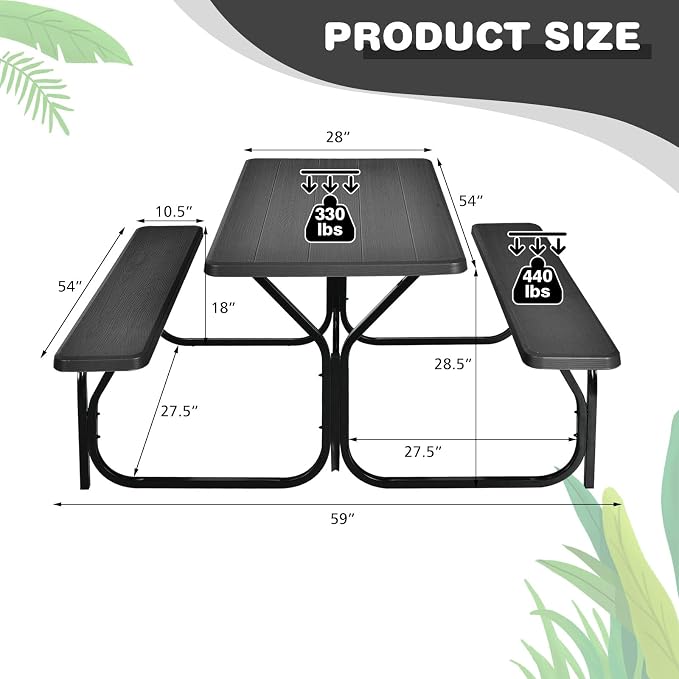 HAPPYGRILL Outdoor Picnic Table Bench Set with Metal Frame & All Weather-Resistant Surface, Camping Table Set for Patio Backyard Poolside Garden Dining Party
