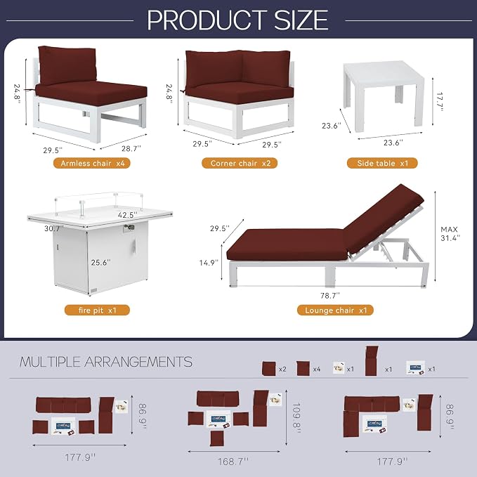 BULEXYARD 7 Person Modern Aluminum Outdoor Patio Furniture Set with Chaise & Firepit Table, 29 inch Wide Deep Seat, All Weather Modular Sectional Couch, Oversized Conversation Set for Garden Deck, Red
