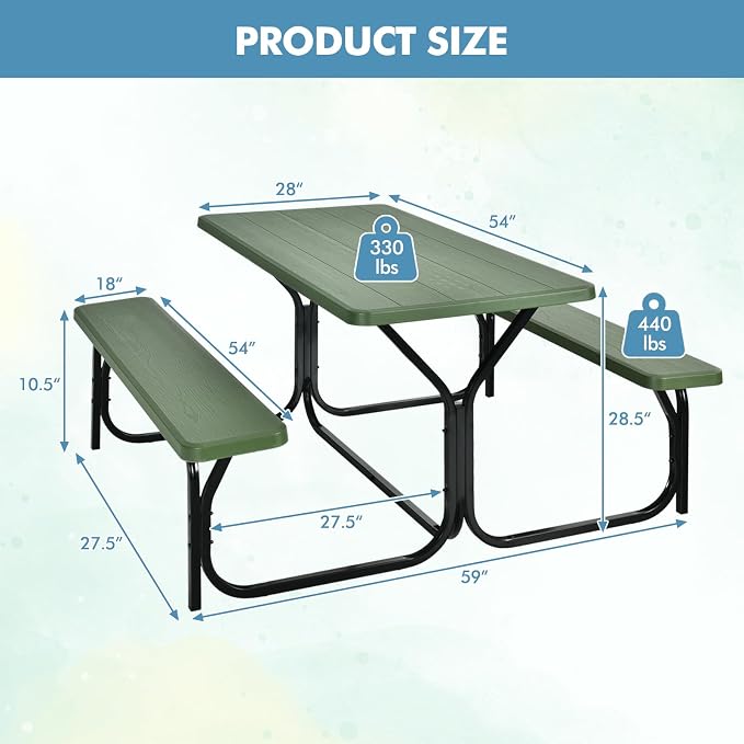 ORALNER Picnic Table, Resin Dining Table & 2 Benches Set, Weather Resistant Wood Grain Plastic Tabletop & Steel Frame, Picnic Tables for Outdoors, Porch Yard Patio Lawn Party Camping (Green)