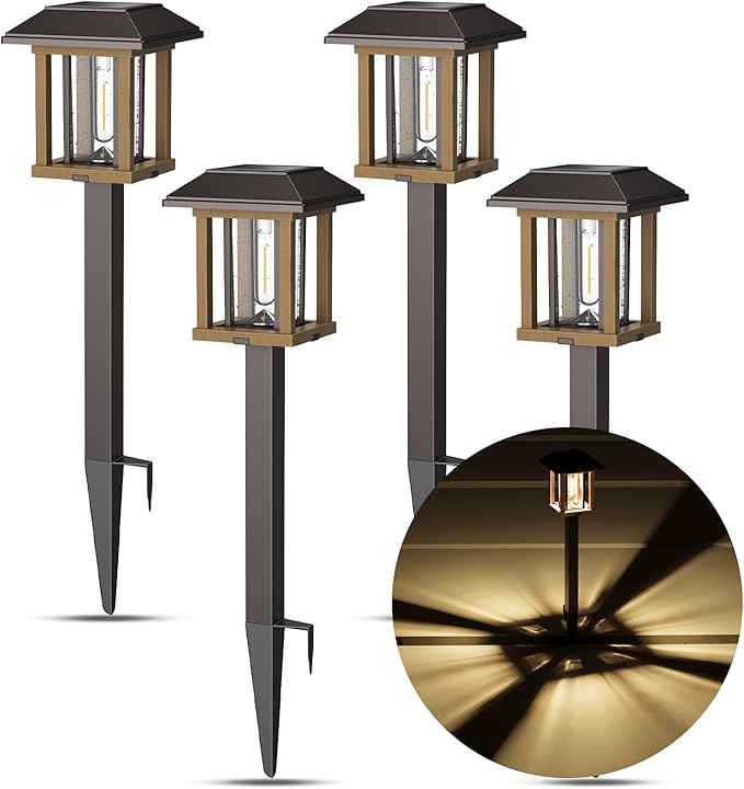 XMCOSY+ Solar Pathway Lights Outdoor, Warm White Glow Garden Lights, 4 Pack | IP65 Waterproof 2-Tone Design Seeded Glass & Stainless Steel Garden Lights, Decor for Walkway Yard Patio Driveway & Landscape