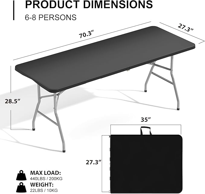 6FT Folding Table, 2 Pack Portable Plastic Folding Table, Foldable Dining Tables with Carrying Handle for Party, Picnic, Camping, Easy to Fold and Storage, for Indoor or Outdoor Use, Black