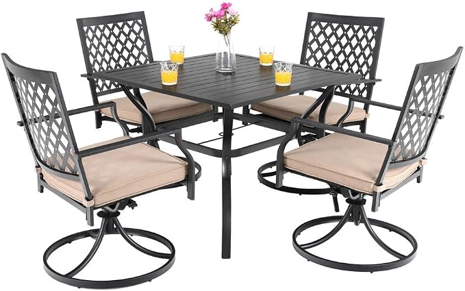 PHI VILLA Patio Dining Set for 4, Swivel Chairs& Metal Table | 37" Metal Table w/ Umbrella Hole&Swivel Wrought Iron Chairs with Cushions, Outside Furniture for Patio,Deck,Yard,Porch