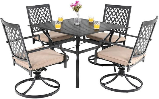 PHI VILLA Patio Dining Set for 4, Swivel Chairs& Metal Table | 37" Metal Table w/ Umbrella Hole&Swivel Wrought Iron Chairs with Cushions, Outside Furniture for Patio,Deck,Yard,Porch