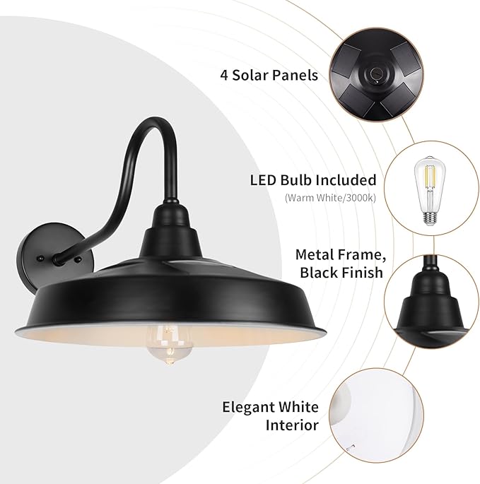 Solar Barn Light Outdoor, 16 Inch Dome Wall Light Solar Powered, Farmhouse Exterior Wall Sconce, Industrial Outside Lighting Fixture, Rustic Lantern for Garage, Barn, Shed, RZSR020W