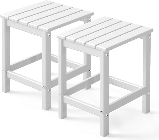 GREENVINES Adirondack-Outdoor-Side-Table | Set of 2 | Single-Tier | 14 x 13 Inches | HDPE Plastic | All Weather | White | Outside End Tables | for Patio Porch Backyard Indoor