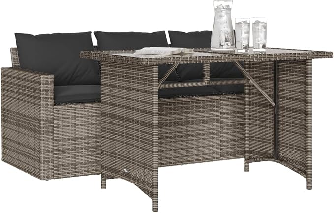 2 Piece Patio Dining Set with Cushions Gray Poly Rattan Outdoor Bistro Table and Chairs for Garden Backyard Deck