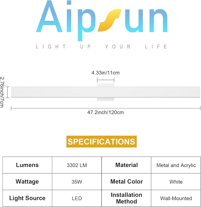 Aipsun 2 Packs Outdoor Wall Sconce, 3000K 4000K 6000K, 47.2in Modern White Exterior Light, Long LED Linear Wall Light Outside Lighting for Entrance, Hallway, Garage, Porch(3CCT)