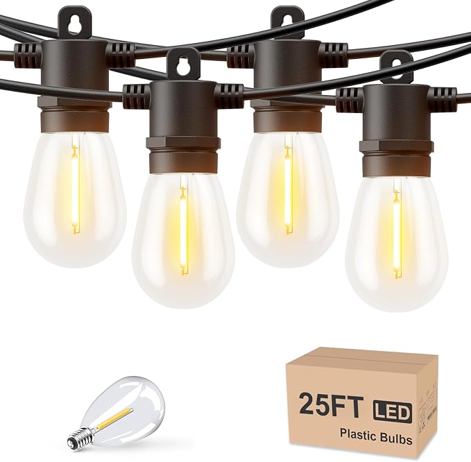 Svater Outdoor String Lights LED 25 FT, LED Patio Light Waterproof IP65 | Shatterproof S14 E12 Bulbs,Hanging Lighting for Outside Bistro Cafe Porch Party, ETL-Listed, Dimmable, Warm White