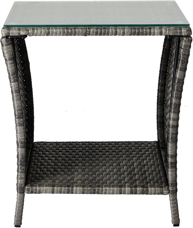 Outdoor Wicker Side Table with Tempered Glass, All-Weather Rattan Side Table with Storage Shelf, Wicker Patio Table for Outdoor Patio, Porch, Garden, Grey