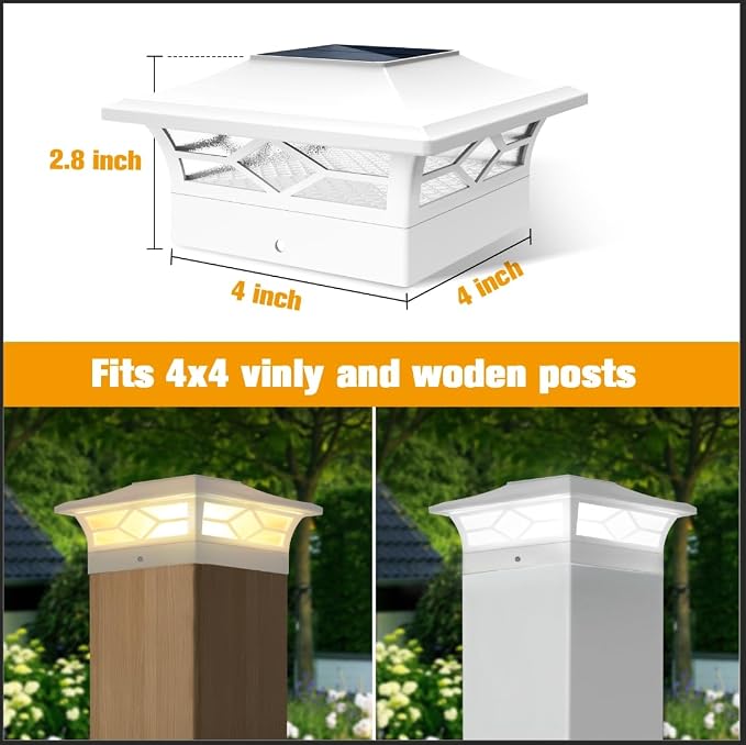 JOFIOS Solar Fence Post Lights 6pack, Cap Lights for 4x4/5x5 Vinyl Fence and 4x4/6x6 Wooden Post, Warm White/Cool White Lighting, White Solar Cap Outdoor Waterproof Decorate Garden Pathway Deck Patio
