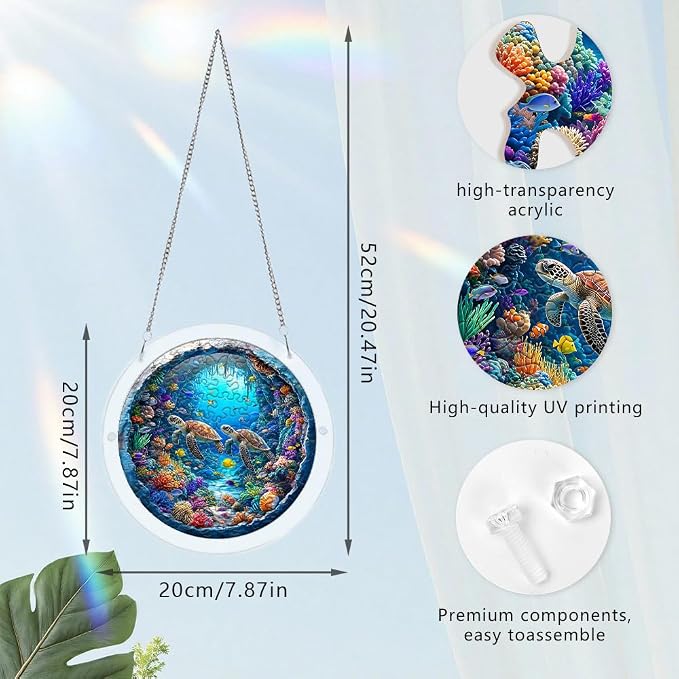 Acrylic Puzzle Suncatcher, Sea Turtle 3D Ocean Pattern Sun Catcher Jigsaw Puzzle Window Hanging, Acrylic Puzzles Kit Home Garden Decor, for Mom, Wife, Sisters, 7.87 inch