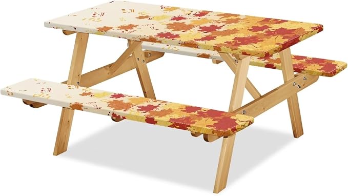 Maple Leaf Picnic Table Cover with Bench Covers Autumn Outdoor Camping Tablecloth Water and Oil Repellent Elastic Waterproof Picnic Table Cover 3 Piece Set for 6 Foot Tables