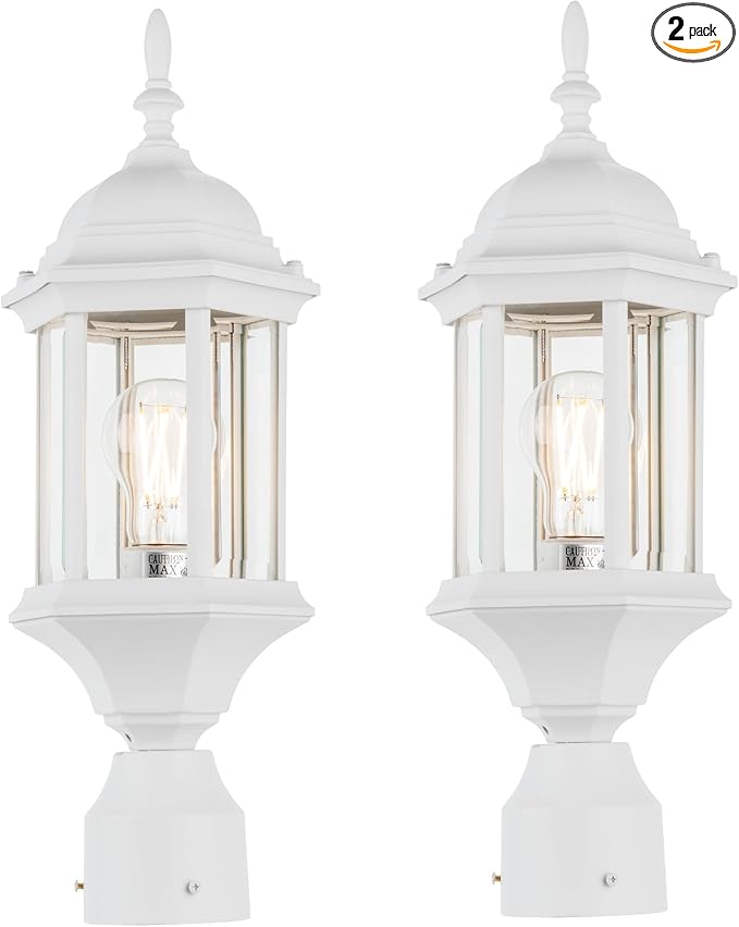 Outdoor Post Light, Rustproof Aluminum Pole Lamp, White | Exterior Lamp Post Light Fixture for Garden, Yard, Pathway, Waterproof, Glass, E26 Base, Max 60W, 2 Pack