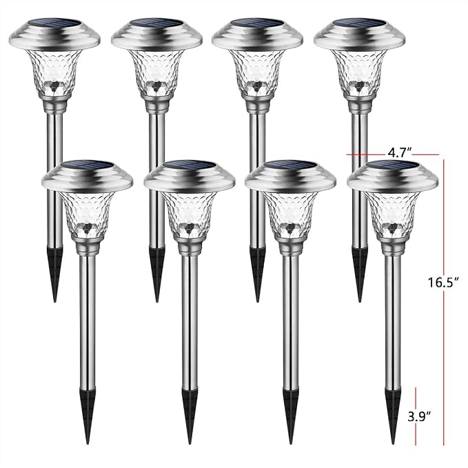 GIGALUMI Metal & Glass Solar Lights Outdoor, 8 Pack LED Garden Lights | Solar Pathway Lights Waterproof, Warm White Landscape Path Lights, Garden Decor for Yard, Patio, Walkway (Stainless Steel)
