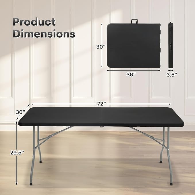 Athena Collection 6ft Folding Table, Lightweight Portable Desk with Handle, Square Foldable Plastic Table for Card Games, Collapsible Dining, Indoor Outdoor Camping Picnic & Party Use, Black