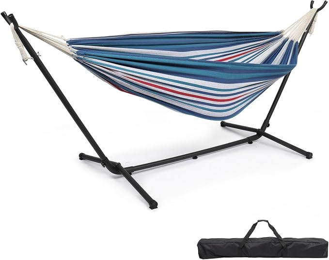 Portable Outdoor Polyester Hammocks Set,Professional Hammock Stand,Outdoor Patio Hammocks,Indoor Swing Hammock Chair Set,with Carry Bag,for Outside Patio Porch Beach Backyard (Blue & Purple)