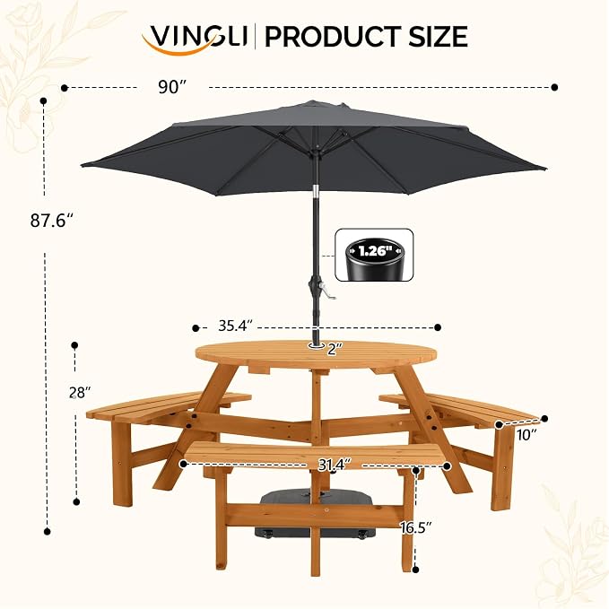 VINGLI Wood Picnic Table Outdoor Round Picnic Table with 7.5ft Umbrella and 4 Built-in Benches, Outdoor Dining Tables and Chairs 550 LBS Bench Capacity (Gray, Square)