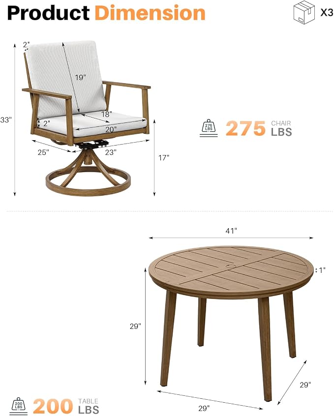 5-Piece Round Patio Swivel Dining Set, Aluminum Round Outdoor Dining Set with 4 Swivel Chairs, Patio Dining Table Set with Cushions, Never-Rust Outdoor Furniture Set for Pool, Deck, Lawn, Teak