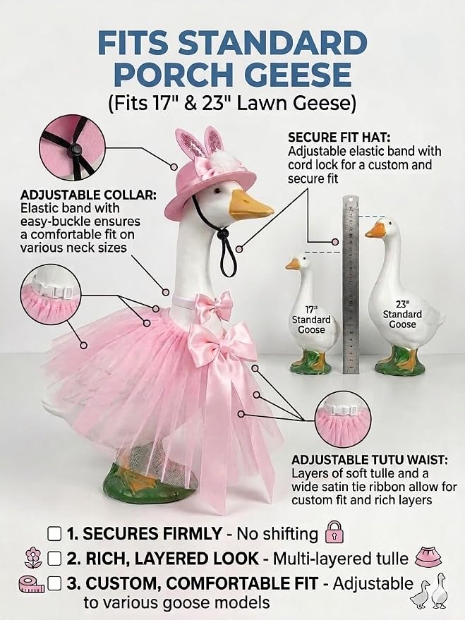 Porch Goose Outfits Summer for 17" & 23" Lawn Goose Decor with Hawaiian Skirt, Hat, Bow tie,for Yard Lawn Outdoor Garden Patio Statue Holiday Decor (Pink)