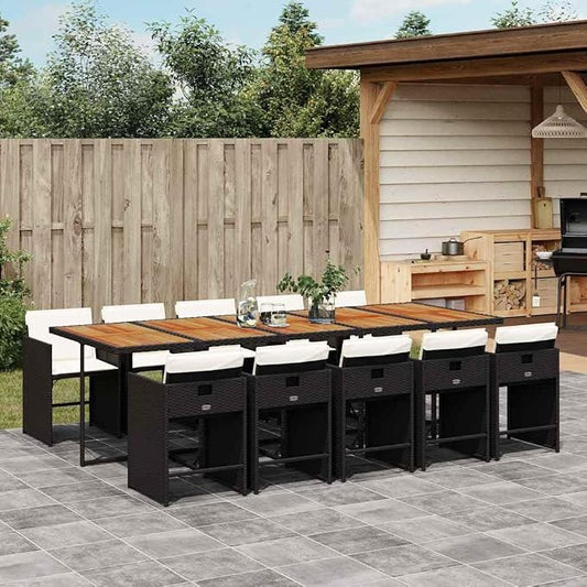 11 Piece Outdoor Dining Set, Poly Rattan Patio Table and Chairs, Space-Saving Cube Furniture with Washable Cushions, Black