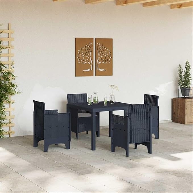 Afuera Living 5-Piece Poly Rattan Patio Dining Set, Anthracite Finish, UV-Resistant Material, Cushioned Armchairs, Square Table, Weather-Resistant Outdoor Furniture for Terrace or Garden Dining