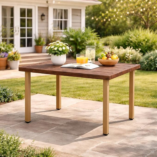 NestNook Outdoor Patio Coffee Table, Metal Center Table with Wood Grain Finish, Smooth Easy-Clean Surface, Adjustable Feet, All-Weather Iron Table for Backyard, Balcony, Porch
