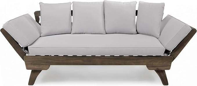 Merax Outdoor Patio Daybed Sofa,3-Seat Sofa with Foldable Arm 4 Back Pillows,Teak Acacia Wood Frame Beige Removable Cushion,Grey