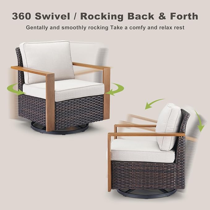 Outdoor Patio Swivel Rocker Chairs - 3 Piece Wicker Patio Furniture Bistro Set with 2 Swivel Rocking Chairs and 1 Metal Side Table,Thick Cushions,Deep Seating for Deck Porch Garden(Brown/Beige)