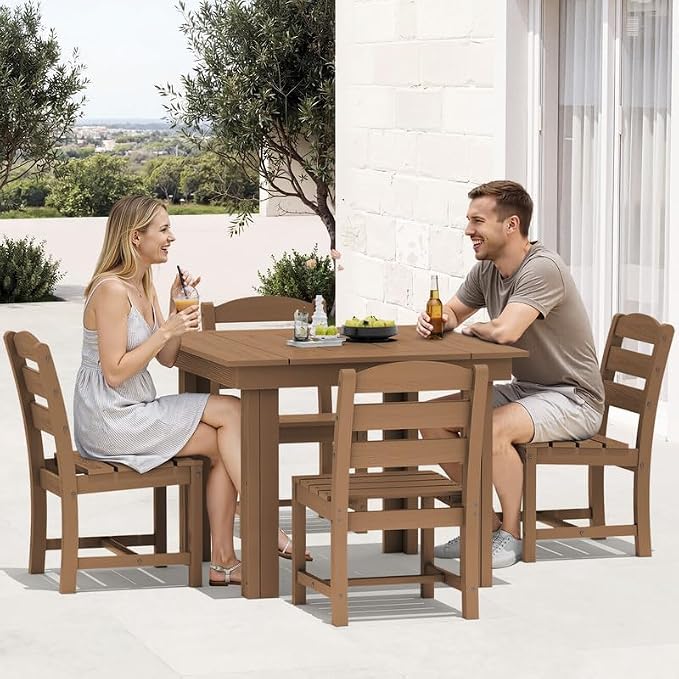 KINGYES 8-Piece HDPE Outdoor Dining Set for 6, Square Patio Table & Armless Chairs with Umbrella Hole, All-Weather Patio Dining Set for Backyard, Garden, Lawn & Poolside, Brown