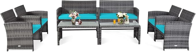 Outdoor Conversation Set, 8 Pieces Wicker Patio Furniture Set with Ergonomic Curved Design, Water-Resistant Cushion & Tempered Glass Table for Porch,Balcony(Turquoise)