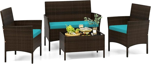 Tangkula 4 Piece Patio Rattan Conversation Set, Outdoor Wicker Furniture Set with Chair, Loveseat & Tempered Glass Table, Cozy Seat Cushions, Outside Sectional Sofa Set for Backyard (1,Turquoise)