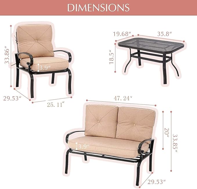 Outdoor Furniture Patio Conversation Set Loveseat, 2 Chairs, Coffee Table with Cushion, Lawn Front Porch Garden, Metal Chair Set Wrought Iron Look(Brown)