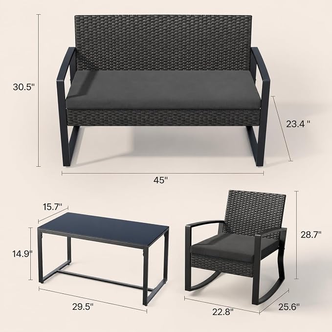 Ahomly 4 Piece Patio Furniture Set, Outdoor Wicker Patio Furniture with Glass Coffee Table, Modern Rattan Rocking Chairs Conversation Set, for Porch, Garden, Lawn (Black)