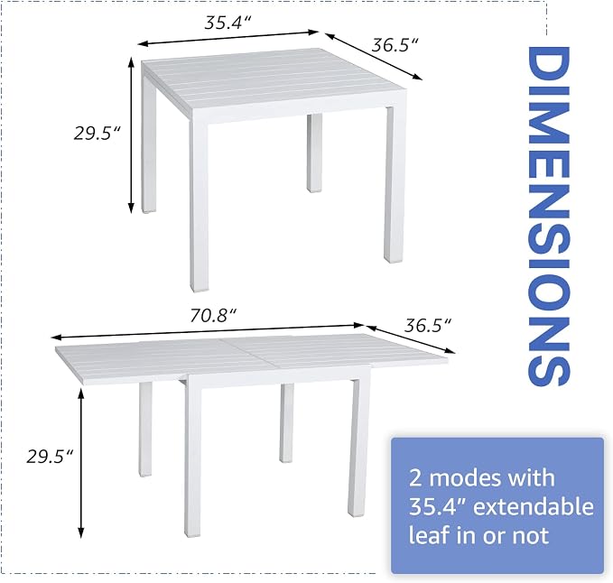 Soleil Jardin Aluminum Patio Extendable Dining Table, 35" - 71", Adjustable Indoor Outdoor Furniture Rectangle Table for 4-6 Person Porch Deck Garden, White