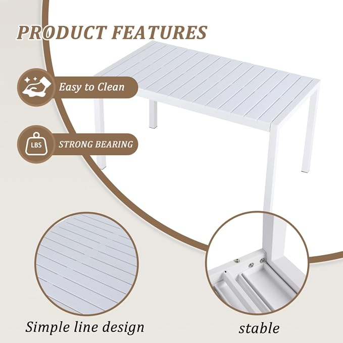 55 Inch White Modern Long Table, Indoor Outdoor Multi-Purpose Dining Table, Lightweight PP Tabletop with Metal Legs for Kitchen, Courtyard, Terrace Gatherings, Patio, Garden