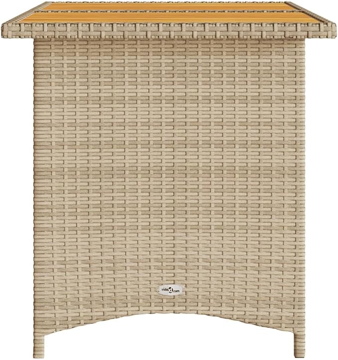 Modern Outdoor Dining Table with Beige PE Rattan Top and Solid Acacia Wood Frame on Powder Coated Steel Base for Patio Garden, 43.3 Inch Long 26.8 Inch Wide