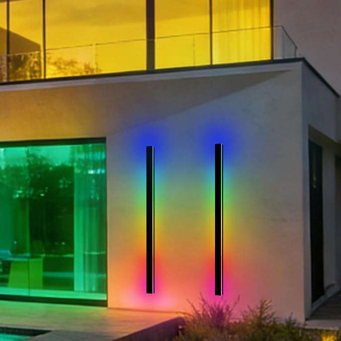 RGB Outdoor Wall Lights, Ip65 Waterproof Linear Led Modern Wall Sconce, 7 Colors and 358 Light Effects, Dimmable with Remote Modern Linear Exterior Light Fixture 59 inch (2 Pack)