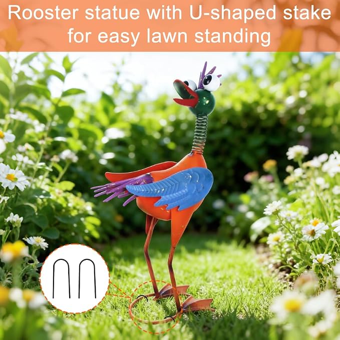 Metal Wacky Rooster Garden Statue for Patio, Backyard, Lawn | 16.54'' Rooster Decor, Yard Statue Decorations Outdoor, Chicken Yard Art, Yellow & Blue