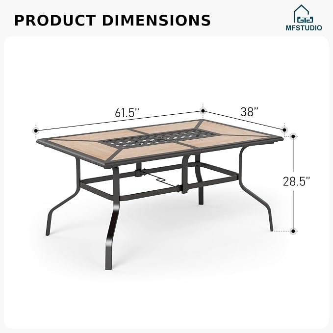 MFSTUDIO Outdoor Patio Dining Table for 6, Rectangular Patio Furniture Table with Metal Frame and Immitation Top, Adjustable Umbrella Hole