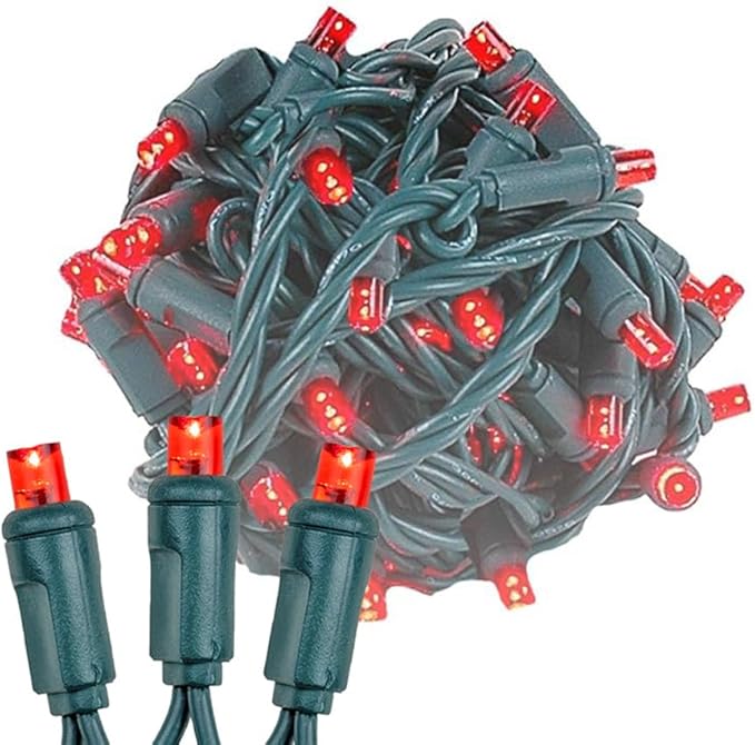 Novelty Lights 12-Pack, 50 Feet 100 LED Red Christmas Mini Light String on Green Wire, 5mm Wide Angle Bulbs, Connectable, Indoor/Outdoor Decor, UL Listed
