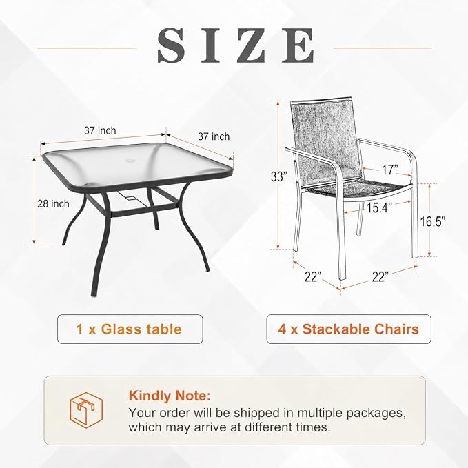 Anmutig 5-Piece Outdoor Patio Dining Set 37-Inch Square Glass Table with 4 Stackable Chairs for Lawn Backyard and Deck, Red