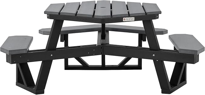 Global Industrial Outdoor 46" Hexagonal ADA Accessible Picnic Table with 3 Attached Benches, Recycled Plastic Construction, 1600 Lbs Weight Capacity, Gray